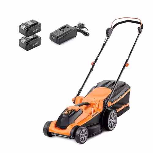LawnMaster MX 24V 37cm Cordless Lawnmower in Orange with Spare Battery, Quick Charger, Collection Bag and Mulching Kit – 1