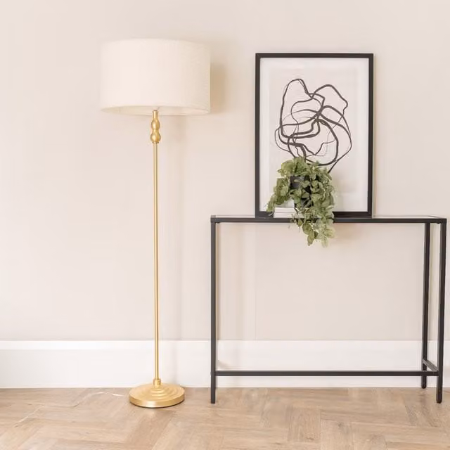 Maggie Gold Floor Lamp with Beige Fabric Boucle Shade in Gold and Brass