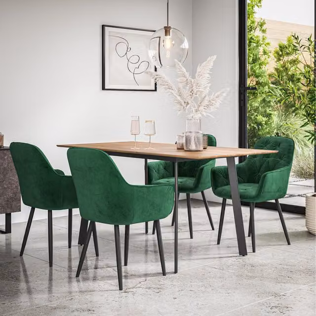 More4Homes Haydon Extending Oak Effect Dining Table Set with 4-6 Anika Green Velvet Chairs, W/D/H: 120 x 80 x 76 cm
