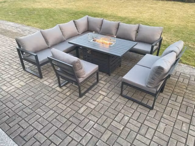 Fimous 10 Seater Aluminium Lounge Corner Sofa and Gas Fire Pit Dining Table Set in Dark Grey