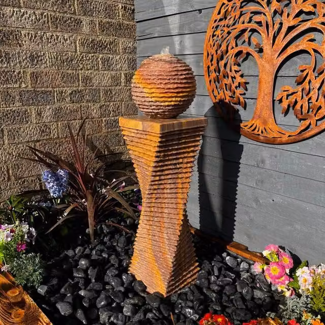 Tranquillity Water Features Sandstone Twist Sphere Stone Water Feature, Grey, Height: 80 cm