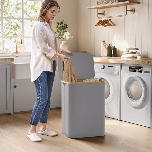 SONGMICS 130L 2-Section Large Laundry Basket with Lid and Removable Bags, Grey