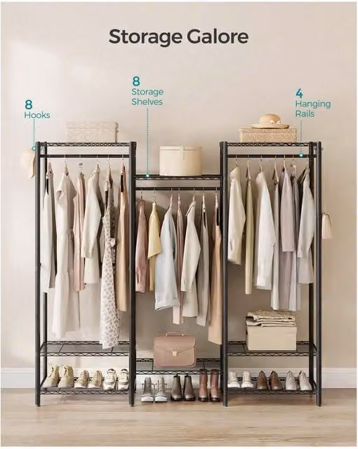 SONGMICS Adjustable Open Metal Wardrobe in Black, H 180 x W 12 x D 40 cm