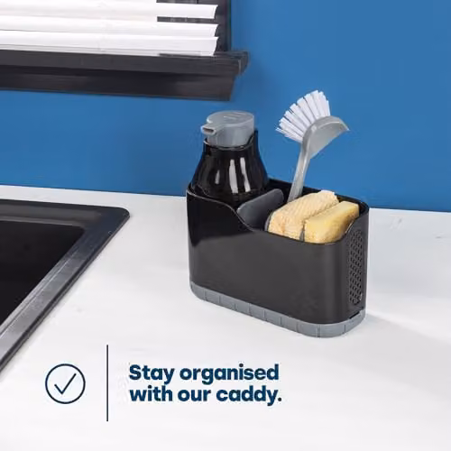 LIVIVO 2-in-1 Sink Caddy and Foam Soap Dispenser with Sponge Compartment and Drainage, Black and White Plastic Organiser – 6