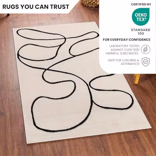 Livabliss Pisa Modern Abstract Rectangular Rug in White, Black and Beige, W/D/H: 80 x 150 x 0.6 cm – 2
