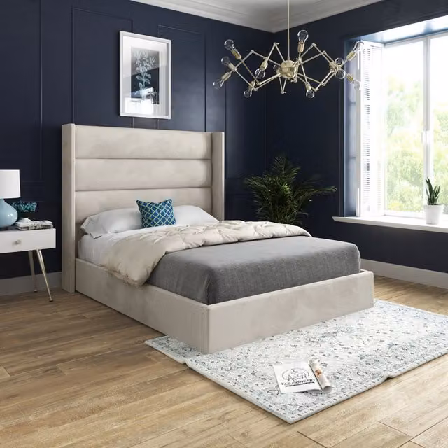 Jacob Soft Velvet Upholstered Straight Winged Bed Frame in Beige, 140 x 200 cm