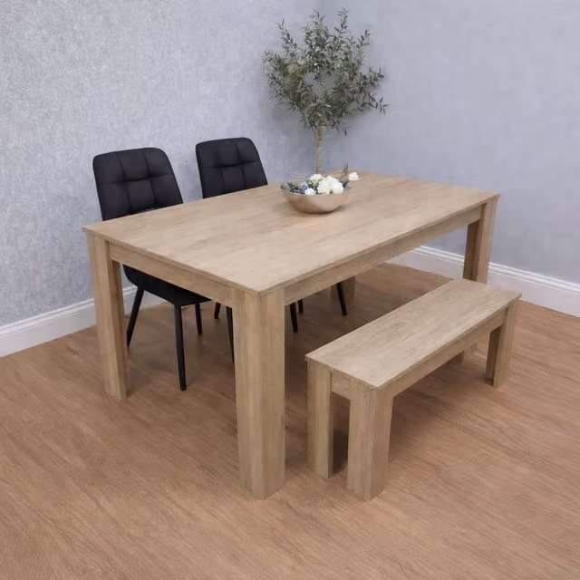 Kosy Koala Brown Oak Effect Dining Set with Rectangular Table, 2 Black Velvet Chairs and Bench