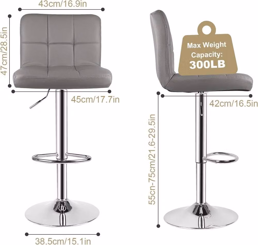 Gartistgo Set of 2 Adjustable Swivel Bar Stools in Grey PU Leather – 2