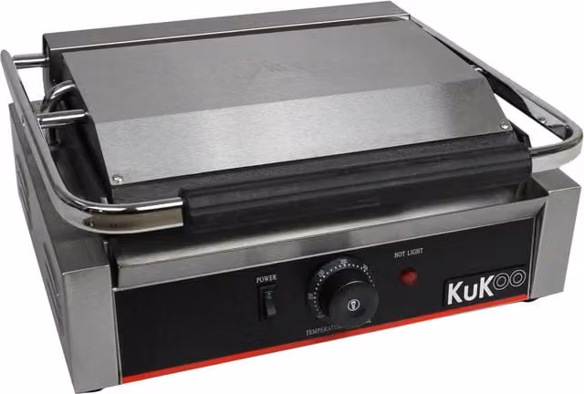 KuKoo Silver Grooved and Flat Panini Press with Cast Iron and Stainless Steel Plates