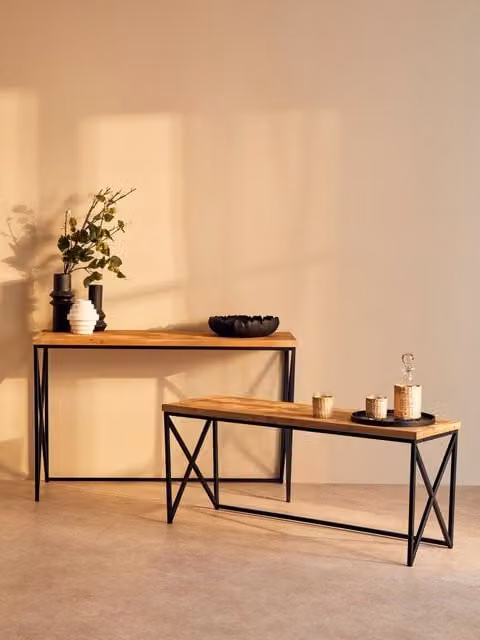 Orsina Modern Rectangular Console Table with Natural Parquet Wood Top in Black, Sand and Brown, W/D/H: 120 x 40 x 74 cm