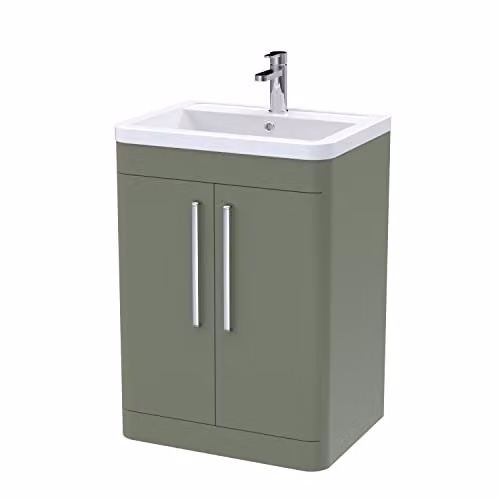 nuie Parade Modern 2 Door Bathroom Floor Standing Vanity Cabinet with Ceramic Basin, Satin Green, W: 60.0 cm, D: 44.5 cm, H: 80.0 cm