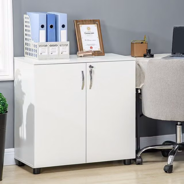VINSETTO 2-Tier Locking Office Storage Cabinet with Internal Shelves and Hinged Doors in White – 1
