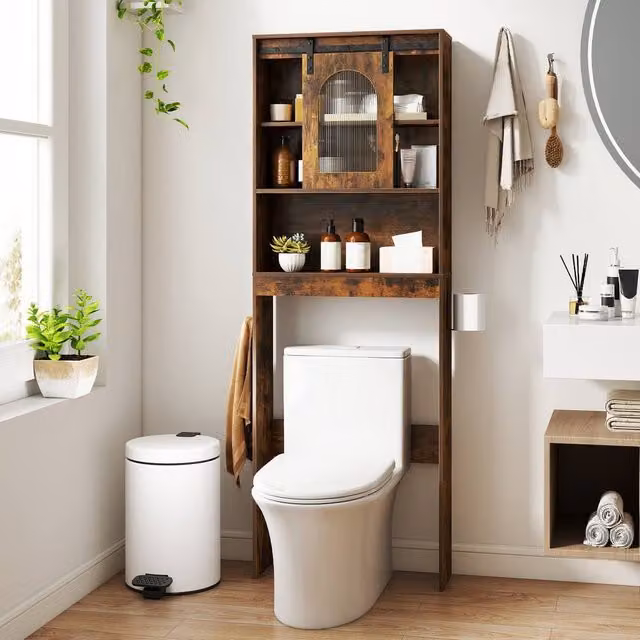 Costway Over Toilet Storage Cabinet Bathroom Organiser with Toilet Paper Holder in Brown – 1