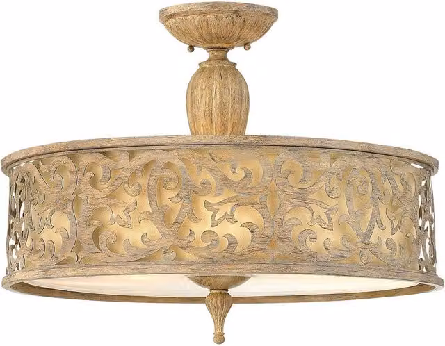 Elstead Carabel 3 Light Large Semi Flush Ceiling Light in Brushed Champagne with Beige Fabric and Glass Shades, E27