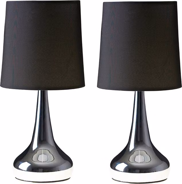 ValueLights Teardrop Pair of Chrome Touch Table Lamps with Black Fabric Shades