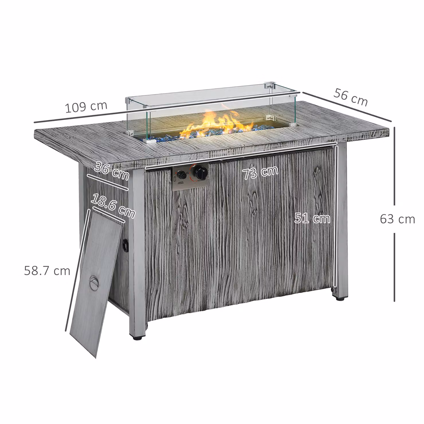 Outsunny 50,000 BTU Gas Fire Pit Table with Glass Screen, Glass Beads and Weather Cover, Grey – 3