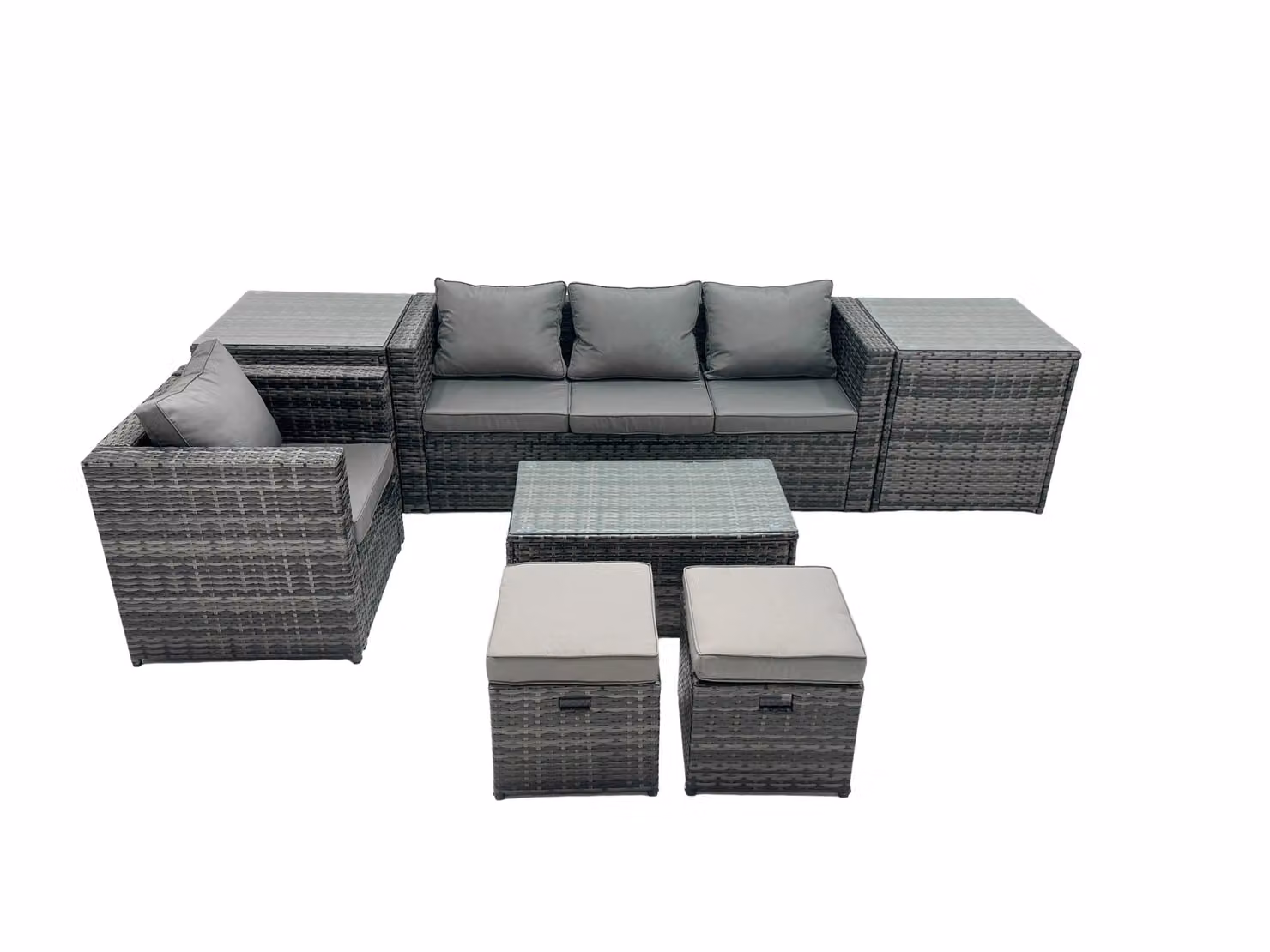 Fimous Outdoor Garden Furniture Set in Dark Grey featuring 3-Seater Sofa, Coffee Table, Side Tables and 2 Ottomans – 2