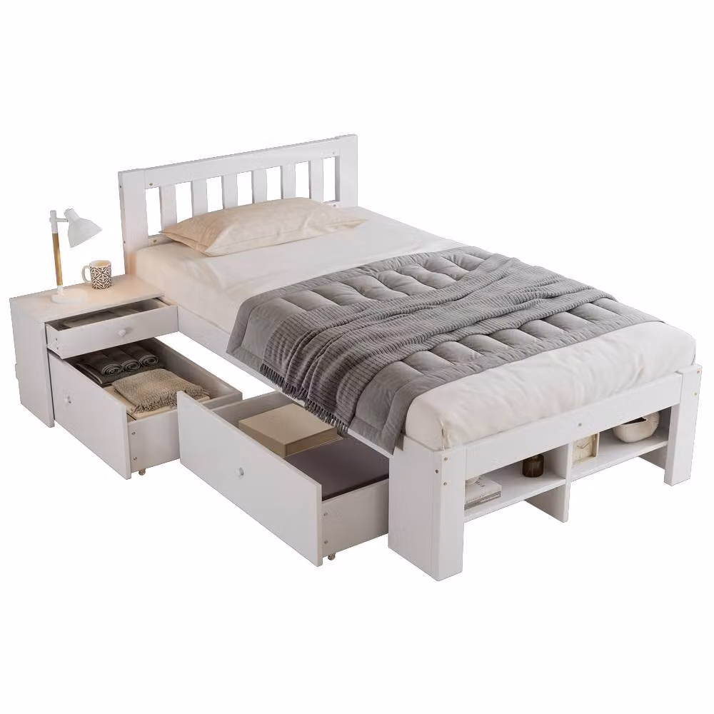 Rolipo White Wooden Single Bed with Storage Drawers and Bedside Shelf, W/D/H: 90 x 190 cm – 2