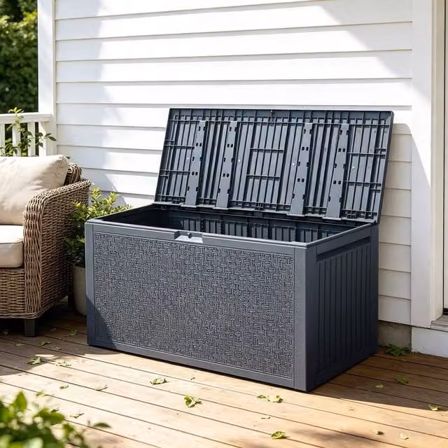 KORVIXA Large Plastic Garden Storage Box, Grey, W/D/H: 100 x 100 x 59.4 cm – 1