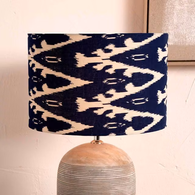 Ruma Blue Ikat Patterned Cylinder Fabric Lampshade for Table Lamps, Diameter: 30.48 cm