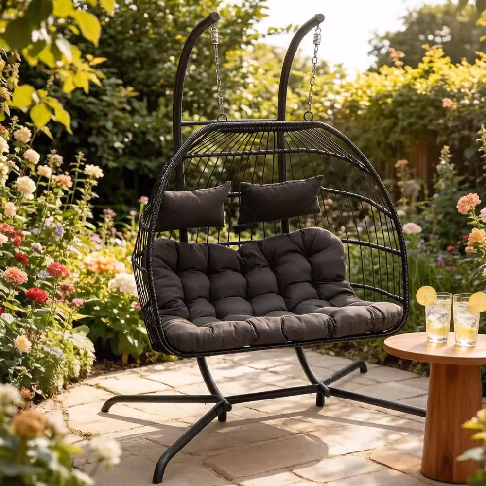 Living and Home 2-Seater Outdoor Hanging Egg Chair in Black Rattan and Metal – 2