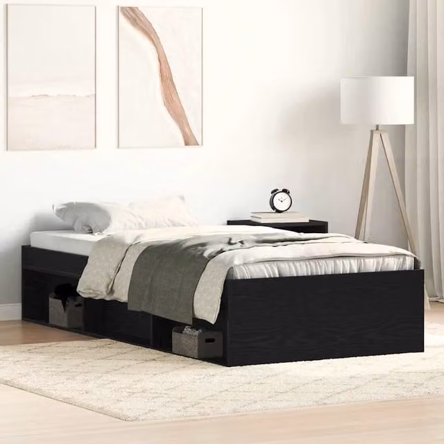 Berkfield Home Bed Frame in Black Oak and Brown Engineered Wood with Side Compartments, W: 90 cm, L: 200 cm