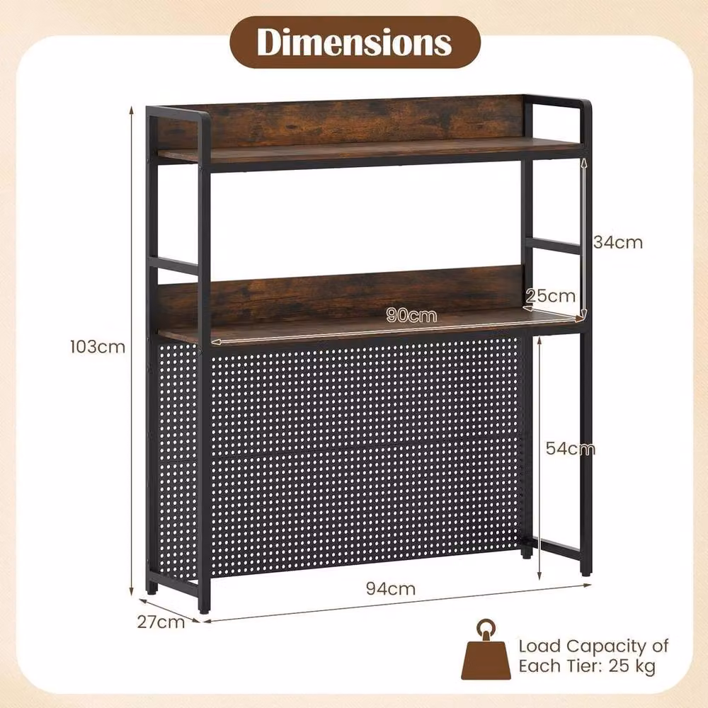 KORVIXA Multipurpose 2-Tier Industrial Desk Hutch with Pegboard and Adjustable Shelves in Brown, W/D/H: 100 x 100 x 100 cm – 2