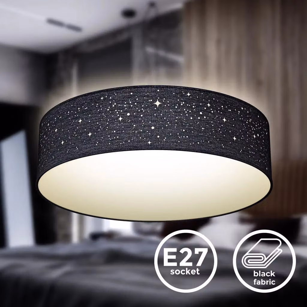 B.K.Licht Black Fabric Ceiling Light with Star Effect, 2 x E27, max. 40W, W/D/H: 38 x 38 x 10 cm – 2