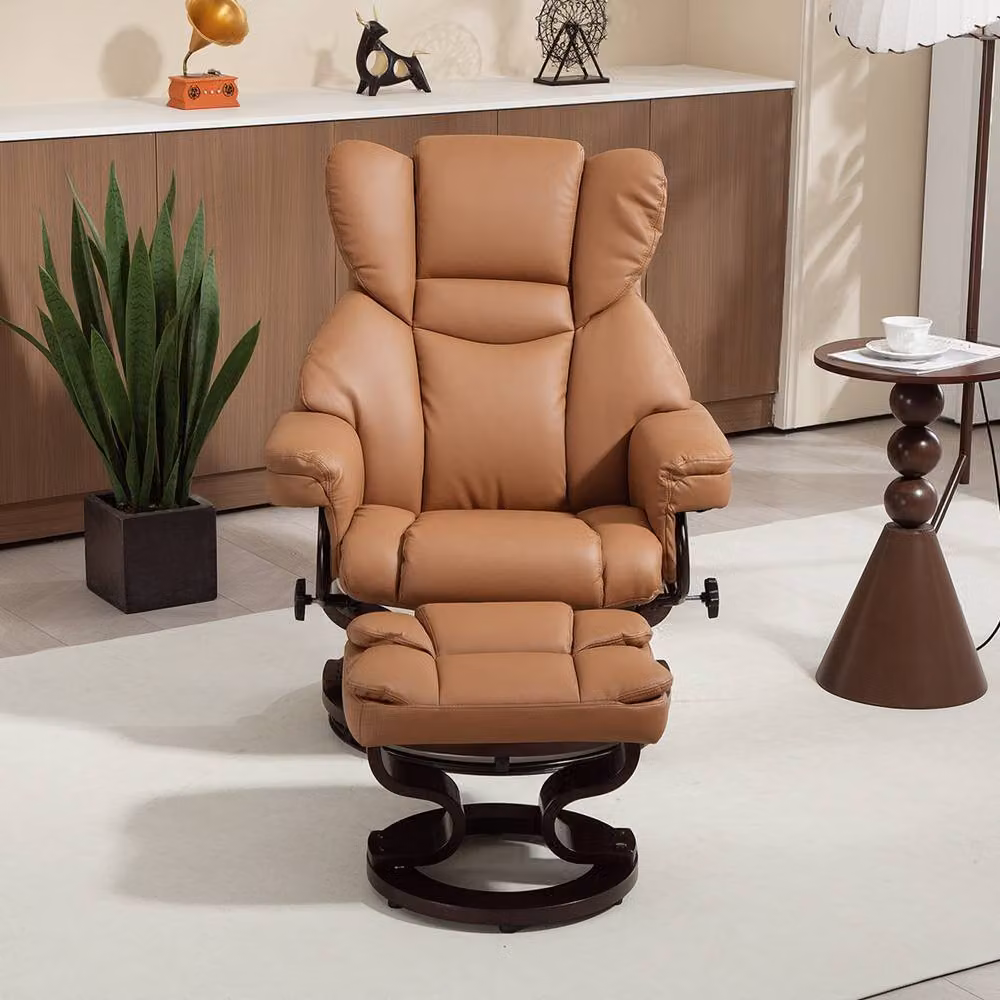 STILVORA Brown Faux Leather Recliner Armchair with Ottoman and 360 Degree Swivel Function – 8
