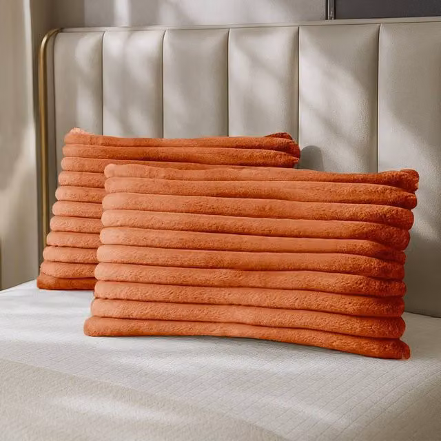 Velosso Pair of Jumbo Cord Faux Rabbit Pillowcases with Faux Fur in Terracotta