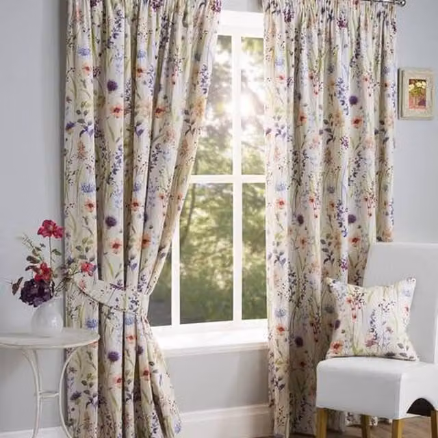 Sundour Hampshire Floral Pencil Pleat Curtains, Multicolour and Green, Width: 137 cm, Drop: 117 cm