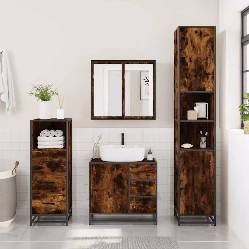 Berkfield Home 3 Piece Industrial Bathroom Furniture Set in Smoked Oak Brown – 3