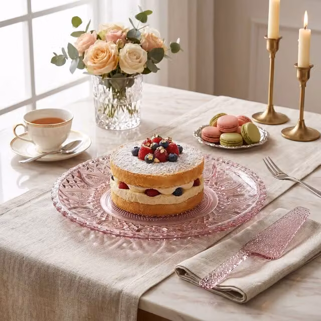 Orsina Pink Glass Cake Plate and Slice Set