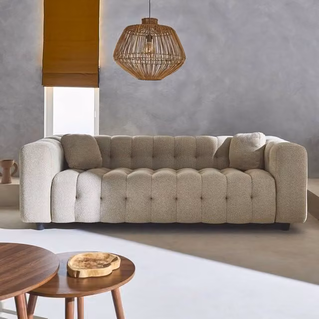 Sweek 3-Seater Modern Sofa Upholstered in Beige Textured Boucle Fabric W/D/H: 229 x 99 x 71 cm – 1