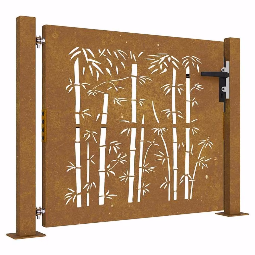 Berkfield Home Beautiful Garden Gate in Brown Corten Steel with Bamboo Design, W: 105 cm, H: 80 cm – 3