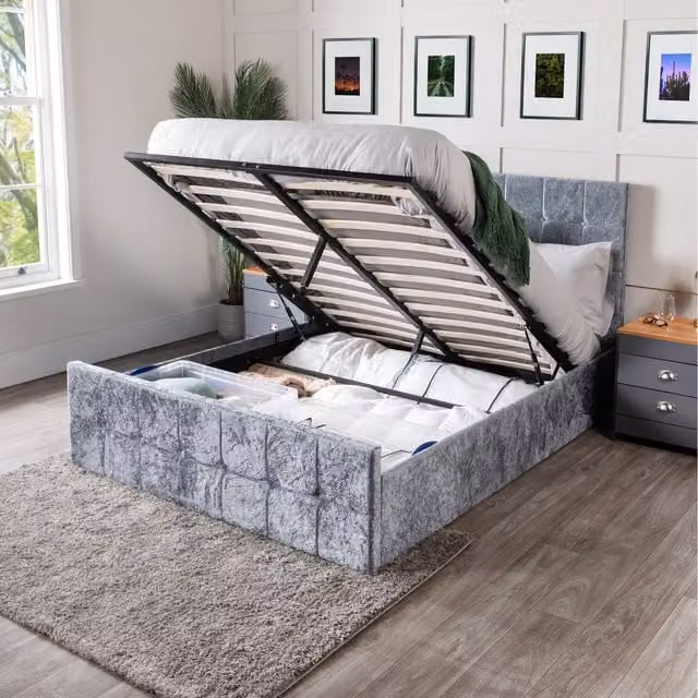 Home Treats Silvanna Crushed Velvet Ottoman Bed in Silver, Single, 90 x 190 cm