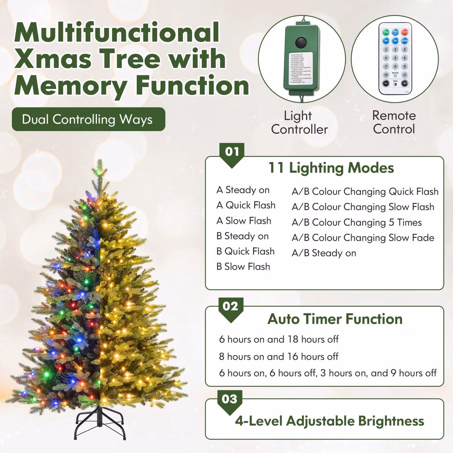 Gymax 5ft Artificial Christmas Tree with 844 Tips, 11 Lighting Modes and Remote Control in Green, Height: 152.4 cm – 4