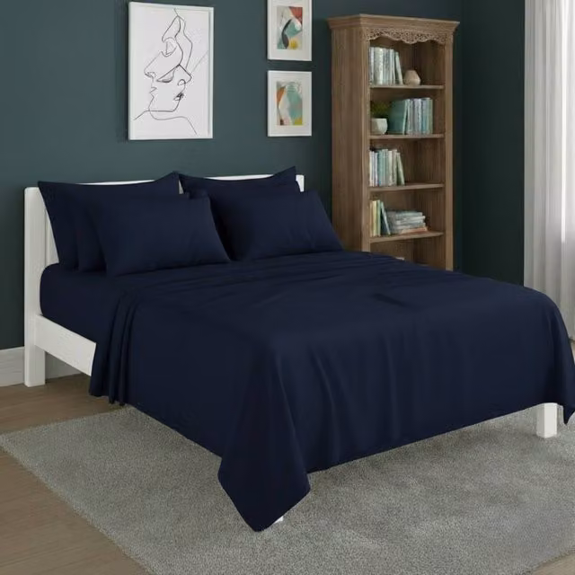 Snug City Navy Blue Plain Poly Cotton Easy Care Fitted Sheet and Matching Pillowcase Set, W/D/H: 140 x 200 cm
