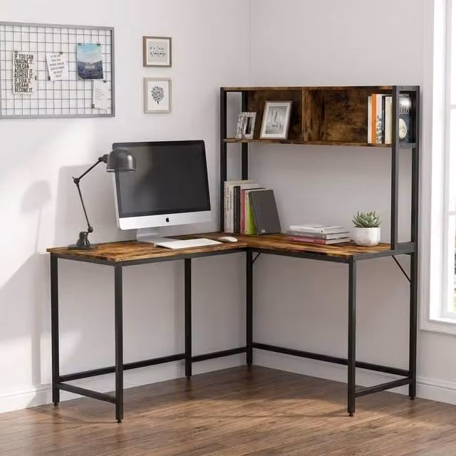 STILVORA L-Shaped Corner Desk with Storage Shelf and Steel Frame in Brown