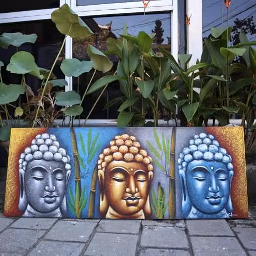 KDMD Three Heads With Bamboo Buddha Painting Reproduction in Multicolour Canvas and Wood – 2