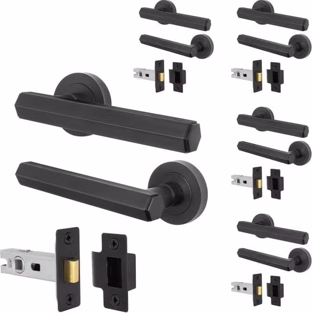 AFIT Matt Black Aluminium Door Handle and Latch Set, 5 Pack, W/D/H: 15 x 15 x 15 cm – 1