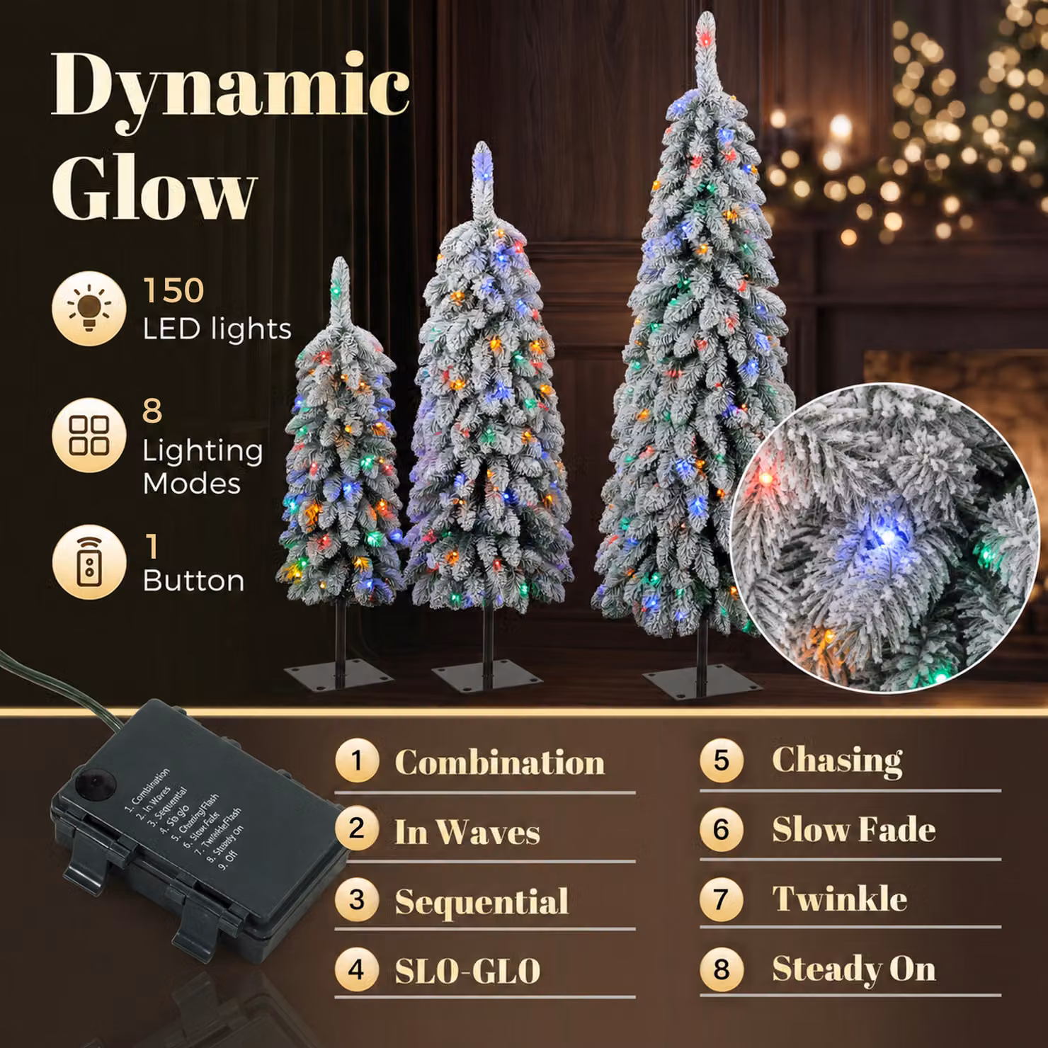 HOMCOM Set of 3 Snowy Pre-Lit LED Artificial Christmas Trees with PVC Branches in Green and White, H: 90 cm, H: 120 cm, H: 150 cm – 4