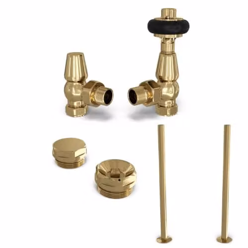 UK Radiators Traditional Polished Brass Thermostatic Radiator Valve and Lockshield with Signature Wooden Head, 1/2BSP 15mm Angled
