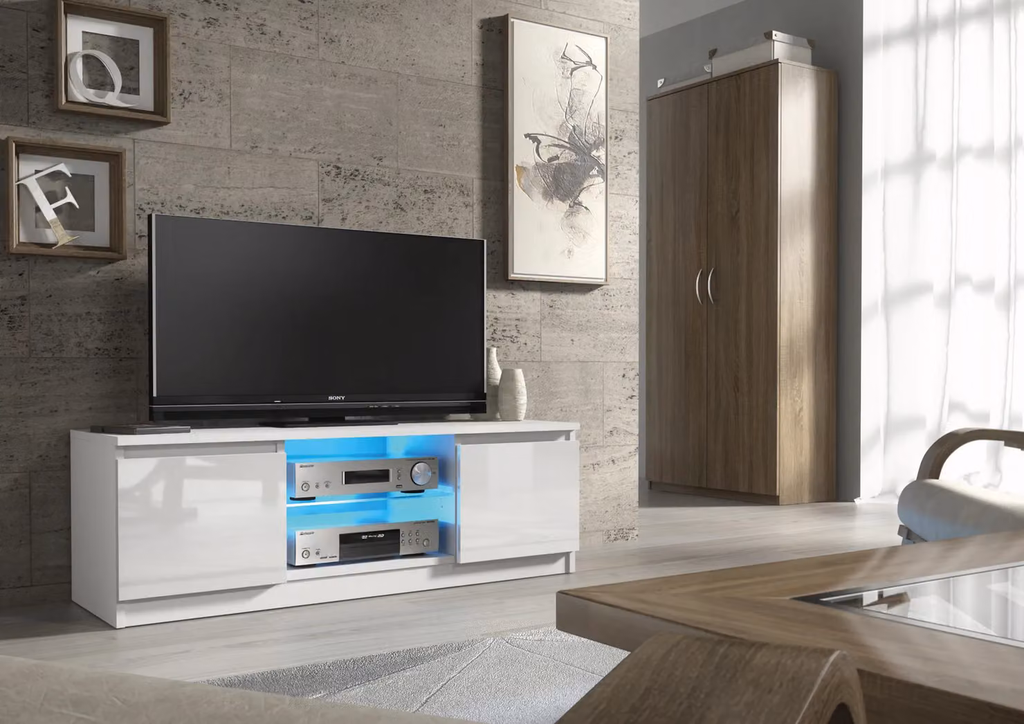 Mex Furniture LTD Modern White Gloss TV Unit with LED Lighting, W: 120 cm, D: 40 cm, H: 38 cm – 3