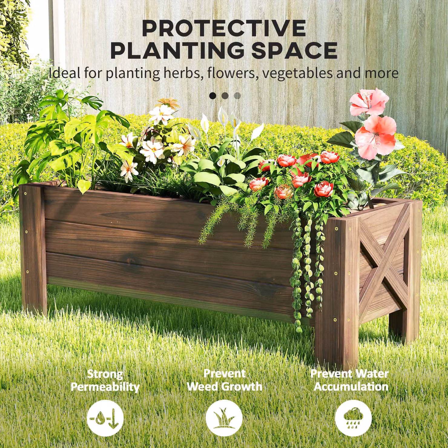 Outsunny Carbonized Wooden Garden Raised Bed Planter in Brown, W/D/H: 36.5 x 36.5 x 36 cm – 4