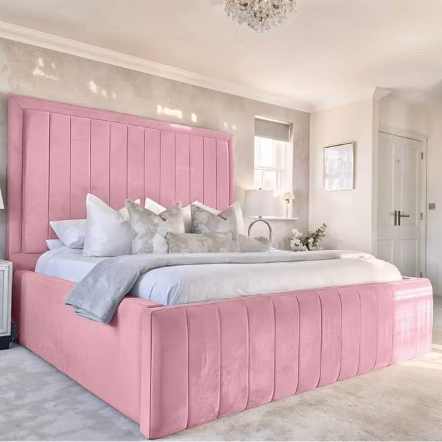 UK Bed Furniture Geneva Upholstered Velvet Bed Frame in Pink, W/D/H: 152.4 x 120 x 200 cm