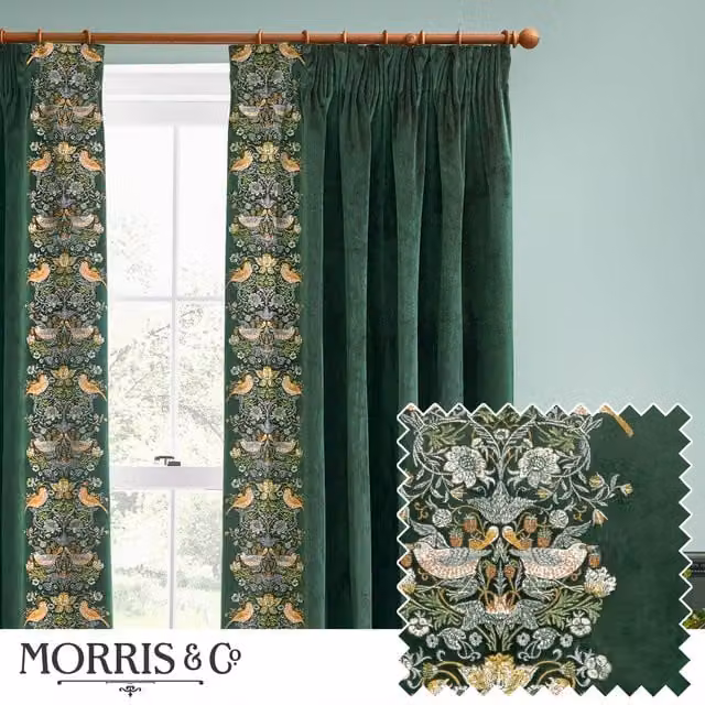 Morris & Co. Strawberry Thief Embroidered Velvet Ready Made Pencil Pleat Curtains in Forest Green