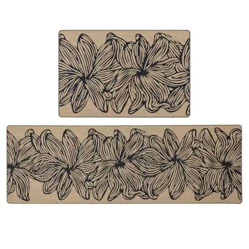 JVL Elegance Floral Machine Washable Non-Slip Entrance Doormat and Runner Set in Sand, Black and Beige – 1