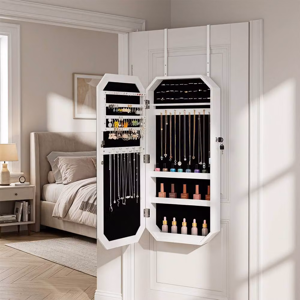Costway Lockable Full-Length Mirror Jewellery Cabinet with Internal Shelves and Storage, White – 4
