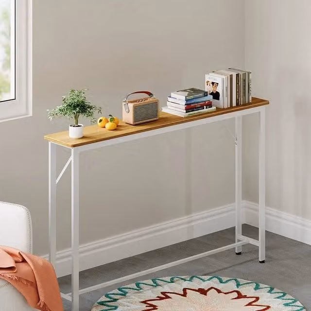 PAWNORA Single Tier Minimalist Console Table with White Metal Frame and Natural MDF Laminate Top – 1